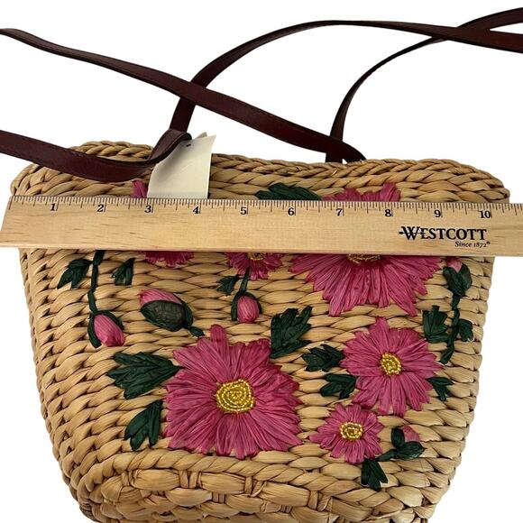 Woven Straw Purse Shoulder Bag Purse Embroidered Pink Flowers 10x7x5 in New - Picture 6 of 8